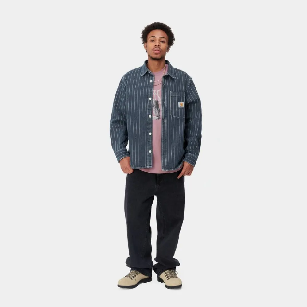 Mænd Carhartt WIP Orlean Stripe Skjortejakke | Bla/Hvid (Stenvasket)
